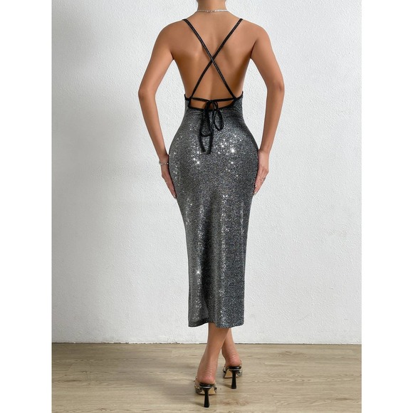 Split Thigh Tie Backless Cami Dress sparkle sage green - Picture 3 of 5